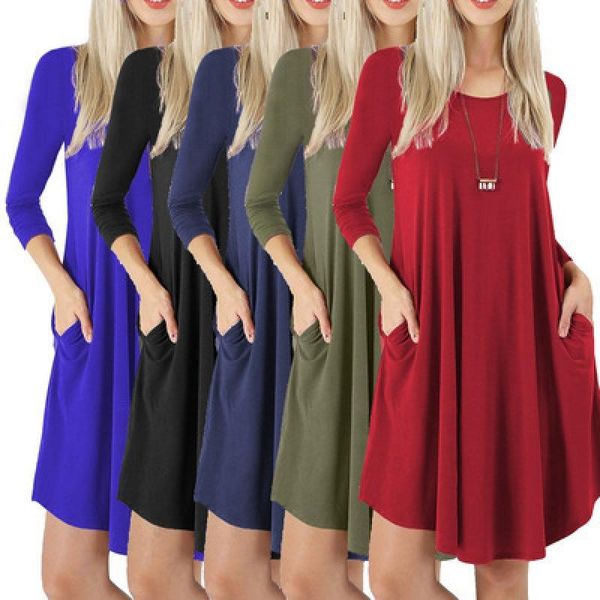 casual dresses 2021 women's large swing pocket vest round neck dress, Black;gray