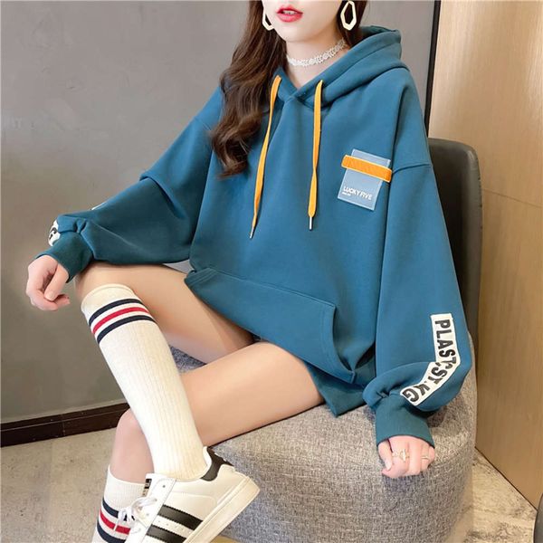 loose hooded letter sweater thin coat, Black