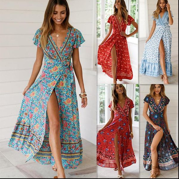 women dress summer v neck short sleeve boho floral print high split beach long wrap maxi dresses, Black;gray
women dress summer v neck short sleeve boho floral print high split beach long wrap maxi dresses, Black;gray
