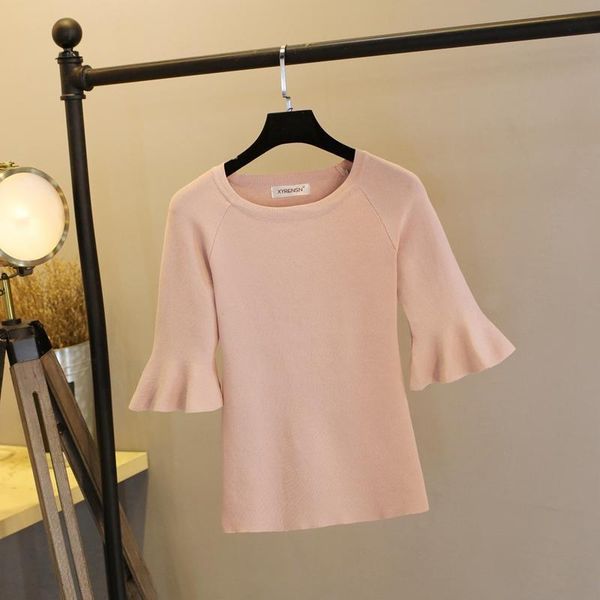 brand spring thin ice silk t-shirt female trumpet sleeve ice silk medium sleeve knitted slim fitting short pullover, White;black 
brand spring thin ice silk t-shirt female trumpet sleeve ice silk medium sleeve knitted slim fitting short pullover, White;black