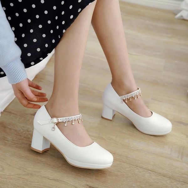 shoes women crystal shallow buckle ankle strap pumps chunky block square high heel wedding bride white beige pink dress, Black