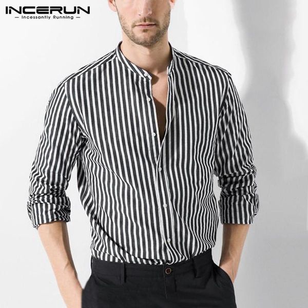long sleeve stand collar dress shirts incerun fashion striped men man stylish buttons business brand camisa masculina 5xl men's casual, White;black
long sleeve stand collar dress shirts incerun fashion striped men man stylish buttons business brand camisa masculina 5xl men's casual, White;black