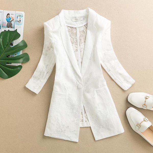 women's suits & blazers lace blazer solid notched three quarter sleeve slim single button ladies casual suit thin pockets outwear for f, White;black
women's suits & blazers lace blazer solid notched three quarter sleeve slim single button ladies casual suit thin pockets outwear for f, White;black