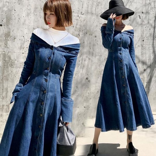casual dresses fashion spring autumn vintage denim dress off shoulder v-neck high waist single breasted midi big swing jeans a-line, Black;gray 
casual dresses fashion spring autumn vintage denim dress off shoulder v-neck high waist single breasted midi big swing jeans a-line, Black;gray