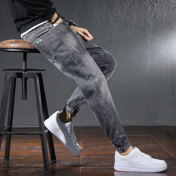 2020 thin jeans autumn trendy slim legged pants men's casual 9 points, Blue