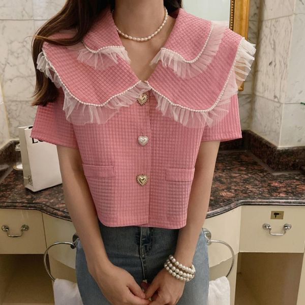 women's blouses & shirts korean women summer gentle sweet pink mesh double neck crop heart buttons skirt elegant single breasted shirt, White
women's blouses & shirts korean women summer gentle sweet pink mesh double neck crop heart buttons skirt elegant single breasted shirt, White