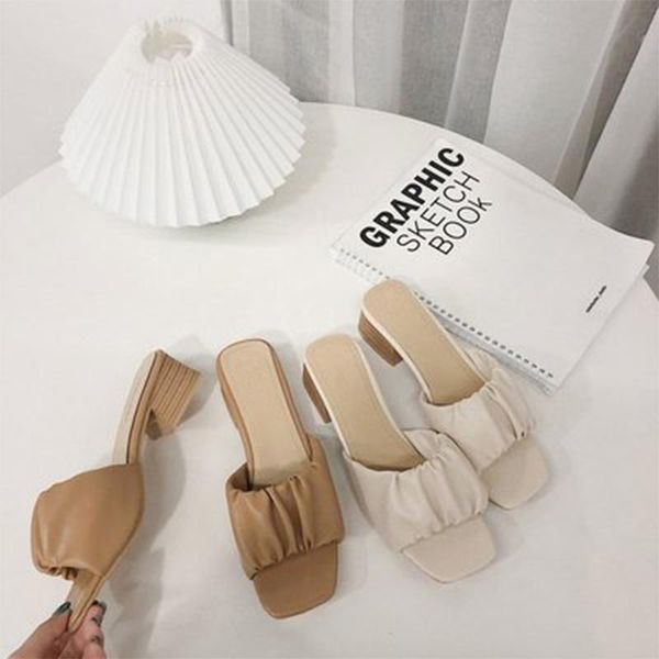 women pleated high heel slippers solid color square head root ladies 2021 fashionable pu leather rubber, Black
women pleated high heel slippers solid color square head root ladies 2021 fashionable pu leather rubber, Black