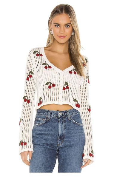 women's knits & tees autumn women long sleeve cherry printing knitted sweaters cardigan button mesh hollowing pearl knit coat clothes, White
women's knits & tees autumn women long sleeve cherry printing knitted sweaters cardigan button mesh hollowing pearl knit coat clothes, White
