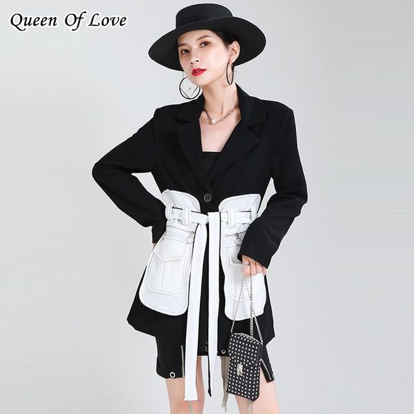 women blazer dress 2021 autumn runway streetwear patchwork colour pocket design long sleeve jacket women's suits & blazers, White;black
women blazer dress 2021 autumn runway streetwear patchwork colour pocket design long sleeve jacket women's suits & blazers, White;black