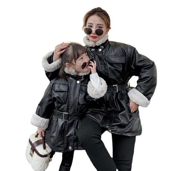 women's leather & faux winter jacket 2021 coat autumn family matching outfits mother kids clothing polar fleece, Black 
women's leather & faux winter jacket 2021 coat autumn family matching outfits mother kids clothing polar fleece, Black