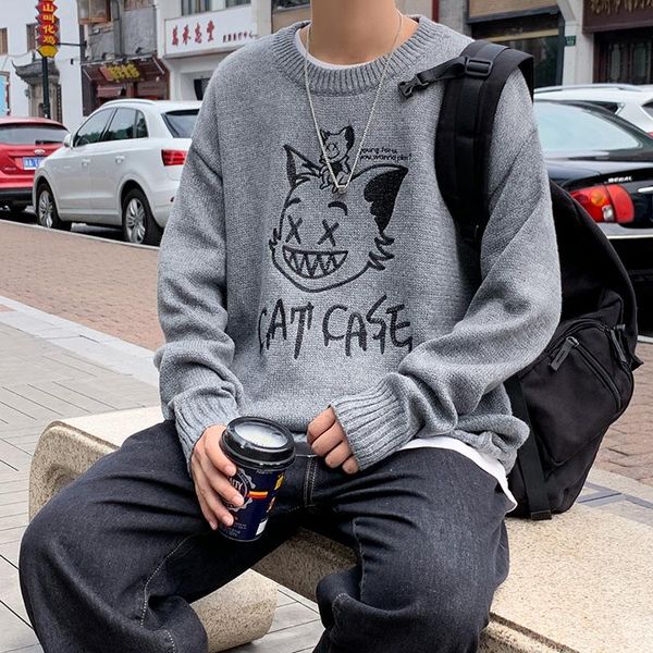 men's sweaters 2021 winter couple casual oversize pullovers korean cat streetwear graphic printed male sweater, White;black
men's sweaters 2021 winter couple casual oversize pullovers korean cat streetwear graphic printed male sweater, White;black