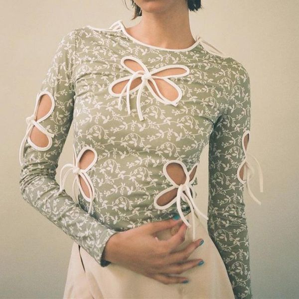 flower hollow out women's t-shirt sweet round neck broken bow retro o open back bandage sexy, White
flower hollow out women's t-shirt sweet round neck broken bow retro o open back bandage sexy, White