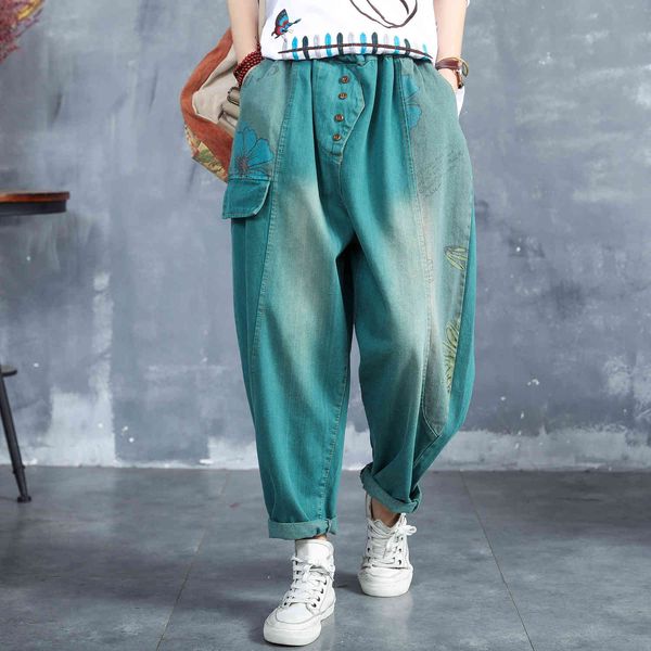 jeans Women's trousers are casual, solid loose with long plus size pants printed irregular pant folk leisure, Blue
jeans Women's trousers are casual, solid loose with long plus size pants printed irregular pant folk leisure, Blue
