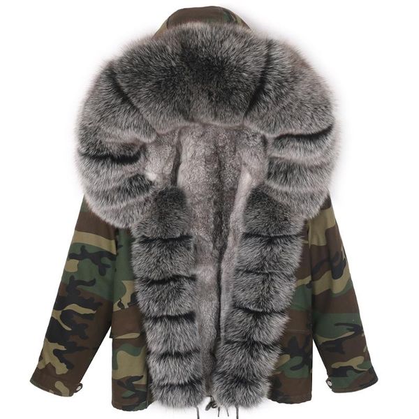 women's fur & faux short parka woman natural raccoon 2021 big collar winter lining real camouflage jacket, Black
