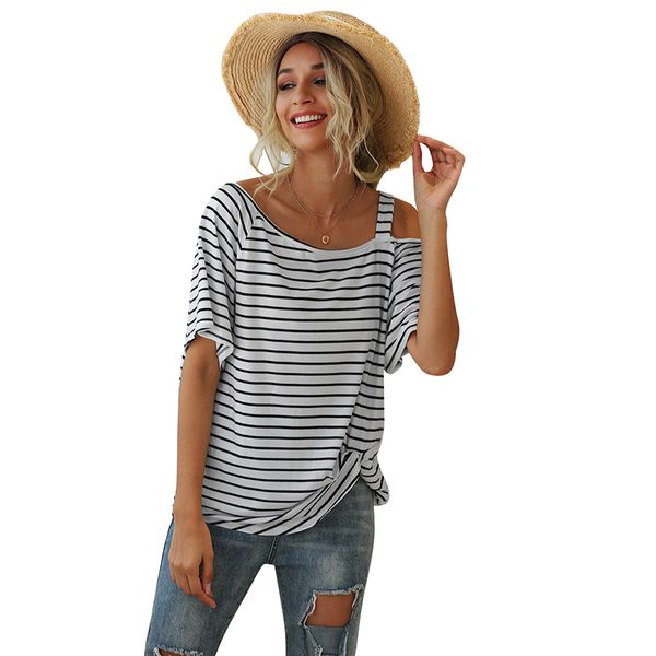womens tshirt summer new striped loose breathable nude shoulder slanted neck knotted casual home furnishing, White
womens tshirt summer new striped loose breathable nude shoulder slanted neck knotted casual home furnishing, White