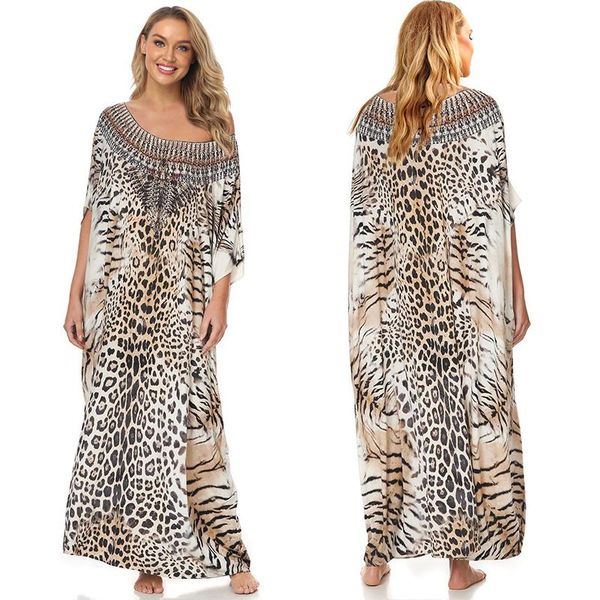 women's swimwear leopard print swimsuit cover up plus size bohemian maxi dress pareos de playa mujer kaftan sarong tunic for beach, White;black
women's swimwear leopard print swimsuit cover up plus size bohemian maxi dress pareos de playa mujer kaftan sarong tunic for beach, White;black