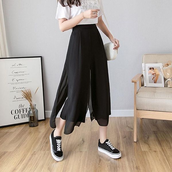 women's pants & capris summer women cool chiffon fake two pieces high waist wide leg female nine points loose clothing, Black;white
women's pants & capris summer women cool chiffon fake two pieces high waist wide leg female nine points loose clothing, Black;white