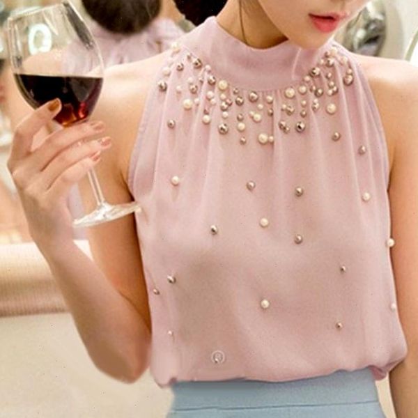 women shirt plus size stylish solid color sleeveless mock neck halter blouse beads chiffon ol ladies summer, White
women shirt plus size stylish solid color sleeveless mock neck halter blouse beads chiffon ol ladies summer, White