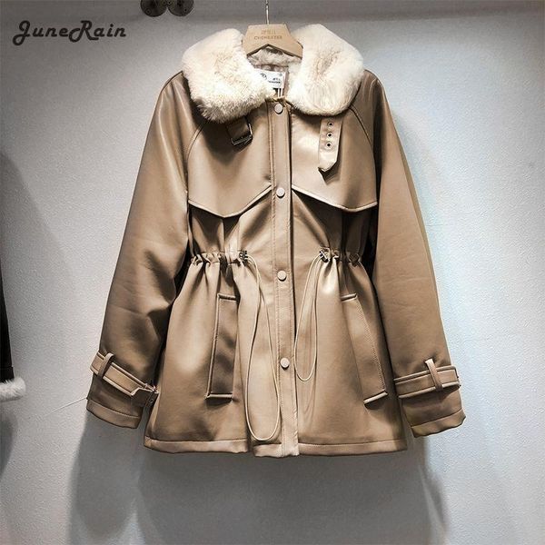 women's leather & faux artificial jacket women winter korean style drawstring waist fur collar thick loose coat veste cuir femme parkas, Black
women's leather & faux artificial jacket women winter korean style drawstring waist fur collar thick loose coat veste cuir femme parkas, Black