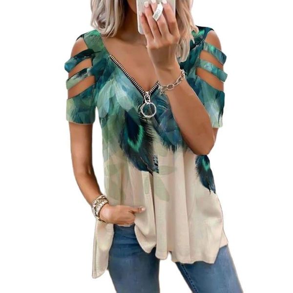 women's t-shirt summer feather pint v neck zipper women hollow out short sleeve loose pullover casual tee shirts plus size 5xl, White
women's t-shirt summer feather pint v neck zipper women hollow out short sleeve loose pullover casual tee shirts plus size 5xl, White
