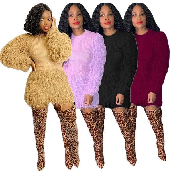 two piece dress tracksuit women set o-neck full sleeve sweaters shorts suits solid tassel fluffy club outfits, White
two piece dress tracksuit women set o-neck full sleeve sweaters shorts suits solid tassel fluffy club outfits, White