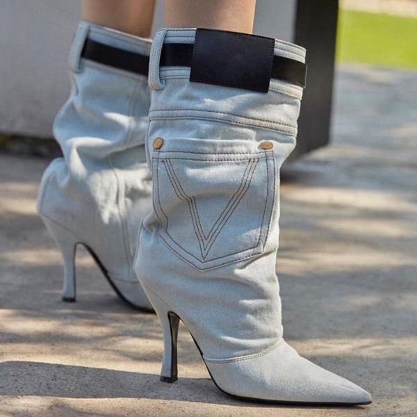boots chic ladies denim cloth belt pocket ankle thin high heels slip on outfit short, Black
boots chic ladies denim cloth belt pocket ankle thin high heels slip on outfit short, Black