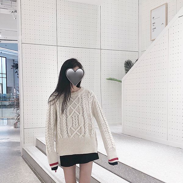 net red tb white pullover knitted sweater twist soft girl sweater round neck college style, White;black
net red tb white pullover knitted sweater twist soft girl sweater round neck college style, White;black