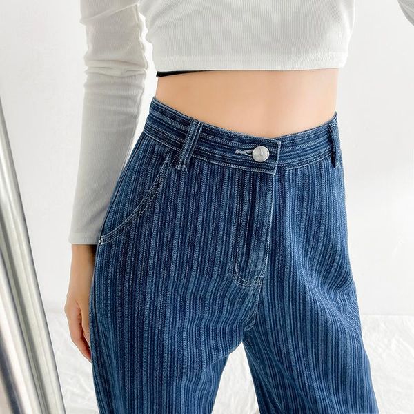 women's jeans plus size blue jacquard fall loose high waist straight denim pants female mom striped pockets trousers 306
women's jeans plus size blue jacquard fall loose high waist straight denim pants female mom striped pockets trousers 306