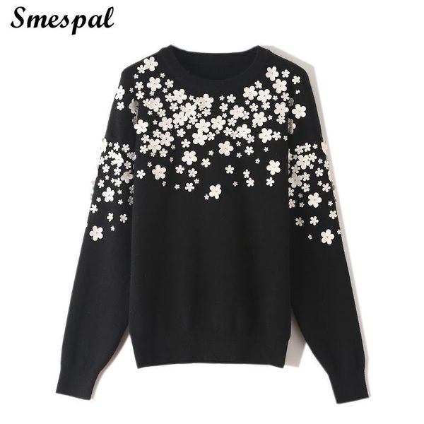 women autumn winter knit sweaters with appliques ladies luxurious pullovers in faux leather flowers details women's, White;black
women autumn winter knit sweaters with appliques ladies luxurious pullovers in faux leather flowers details women's, White;black