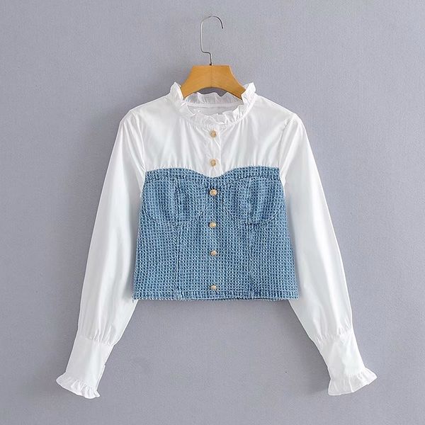 women's blouses & shirts women fashion patchwork denim spring short blouse female casual long sleeve ruffles collar single breaste, White
women's blouses & shirts women fashion patchwork denim spring short blouse female casual long sleeve ruffles collar single breaste, White