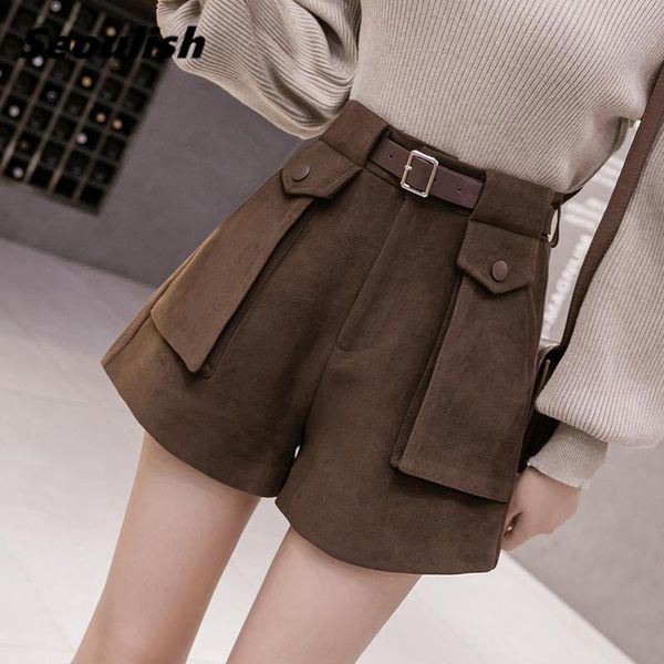 women's shorts autumn winter woolen with belt 2021 fashion pocket high waist cargo wide leg elegant female trousers, White;black
women's shorts autumn winter woolen with belt 2021 fashion pocket high waist cargo wide leg elegant female trousers, White;black