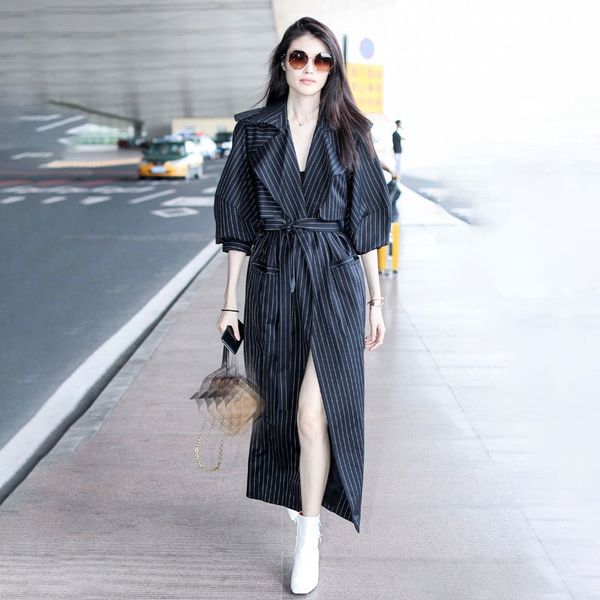 wool fashion women black striped lace up extra long trench autumn brand loose shirt coat windbreak
wool fashion women black striped lace up extra long trench autumn brand loose shirt coat windbreak