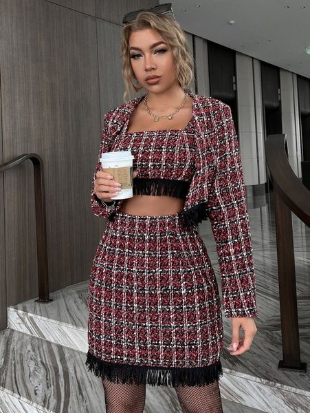 glamaker plaid pattern fringe trim crop tweed coat l6ik#, Black
glamaker plaid pattern fringe trim crop tweed coat l6ik#, Black