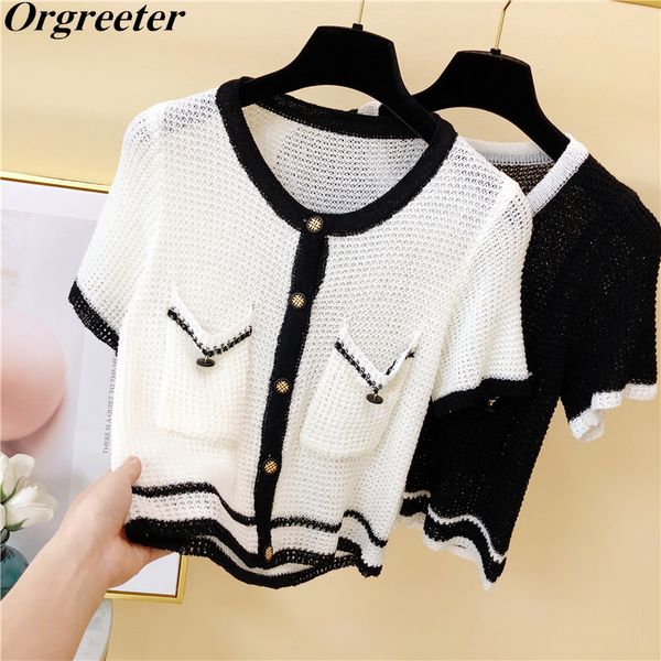 color-blocking hollow knitted blouse women's short-sleeved summer see though single-breasted thin cardigan 210525, White
color-blocking hollow knitted blouse women's short-sleeved summer see though single-breasted thin cardigan 210525, White