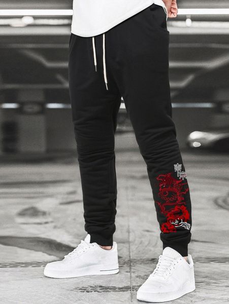 men japanese letter and chinese dragon graphic sweatpants s3bn#, Black