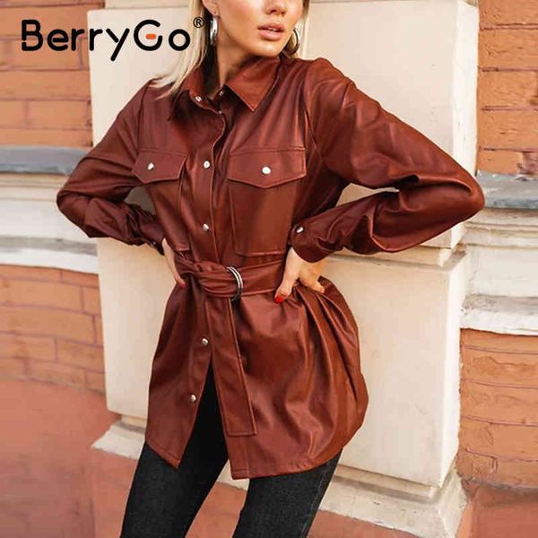 berrygo vintage pu leather blouse women with belt causal turn-down single collar autumn winter chic pocket shirt lady 210513, White
berrygo vintage pu leather blouse women with belt causal turn-down single collar autumn winter chic pocket shirt lady 210513, White