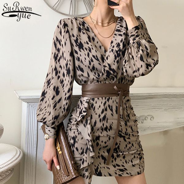 korean chic leopard printed women's dress v-neck lantern long sleeve mature mini with belt vestidos 12907 210427, Black;gray
korean chic leopard printed women's dress v-neck lantern long sleeve mature mini with belt vestidos 12907 210427, Black;gray