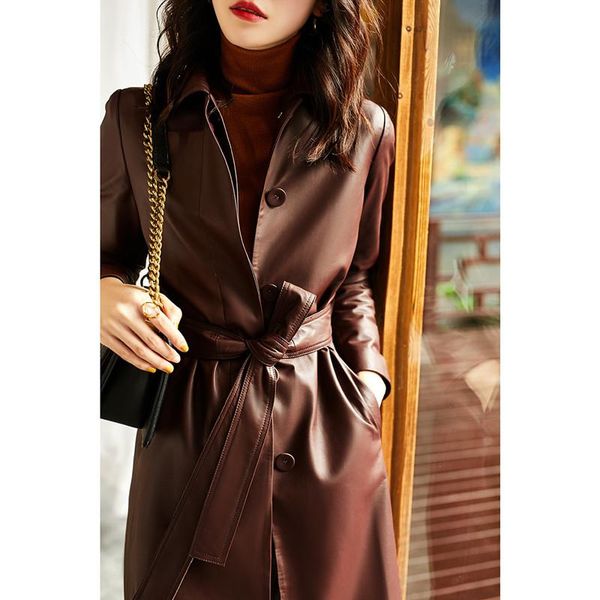women's leather & faux trench lace-up coat spring autumn fashion sheepskin plus size long genuine, Black
women's leather & faux trench lace-up coat spring autumn fashion sheepskin plus size long genuine, Black