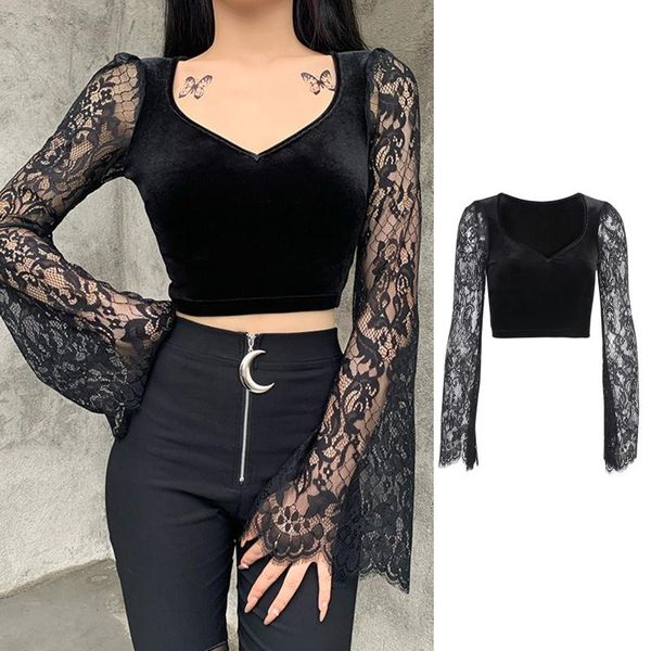 women gothic lace flare long sleeve t-shirt deep v-neck velvet black crop vintage harajuku elegant clubwear women's, White
women gothic lace flare long sleeve t-shirt deep v-neck velvet black crop vintage harajuku elegant clubwear women's, White