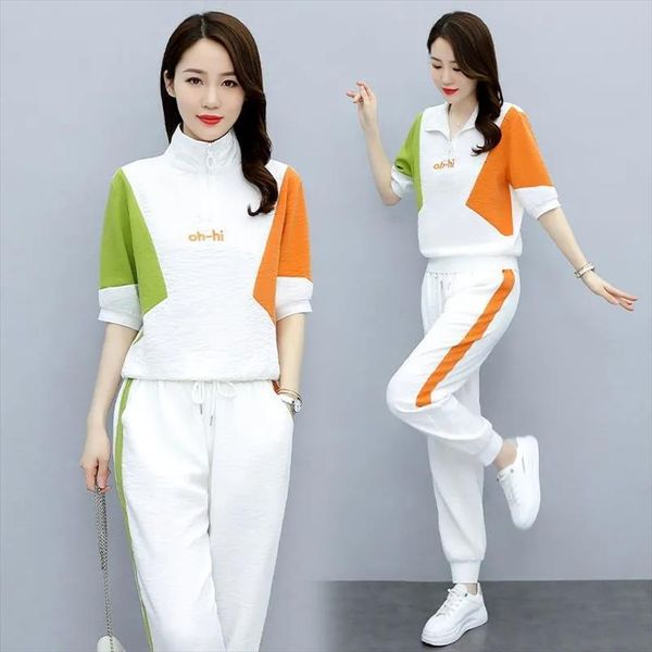 casual stand collar tracksuit summer womenpant plus size 2 piece set contrast color half sleeve pullover sweatpants suit, White
casual stand collar tracksuit summer womenpant plus size 2 piece set contrast color half sleeve pullover sweatpants suit, White