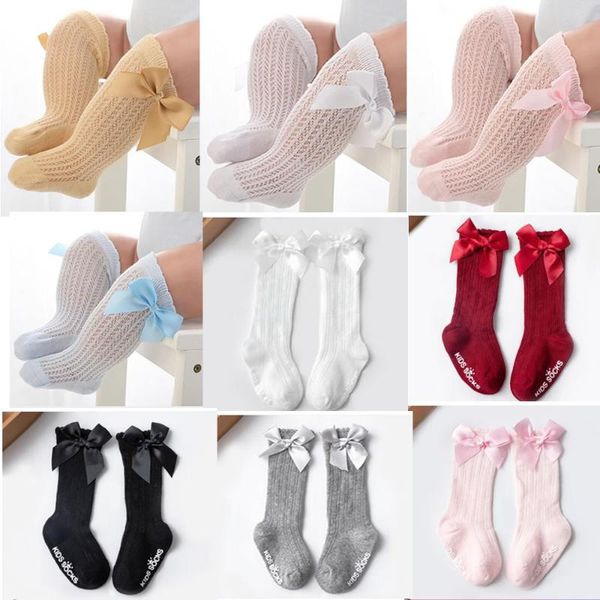girls knee high socks bows breathable soft children cotton sock hollow out born infant baby long 0-4years, Pink;yellow