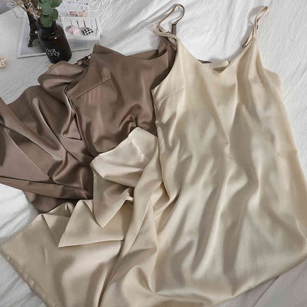two piece dress summer elegant slim pure color comfortable dress lady satin suspender women korean vsimple base long female trend, White
two piece dress summer elegant slim pure color comfortable dress lady satin suspender women korean vsimple base long female trend, White