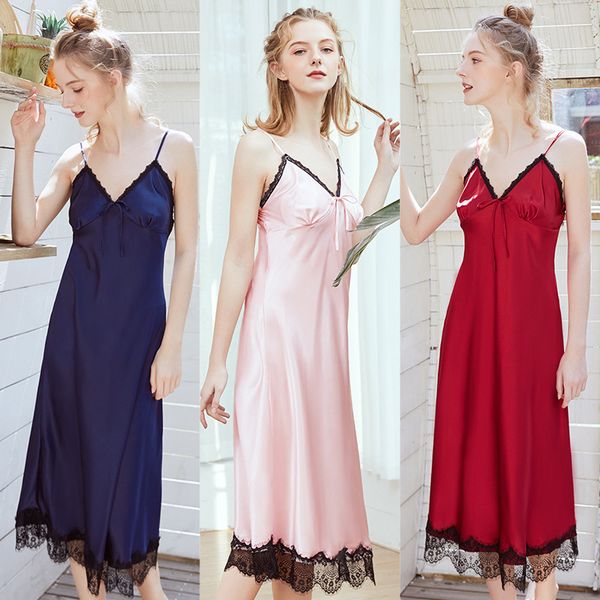 ice pajamas silk pajamas women's summer long lace suspender nightdress home clothes 1178, Black;red
ice pajamas silk pajamas women's summer long lace suspender nightdress home clothes 1178, Black;red