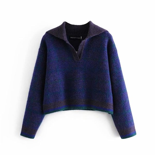 women autumn polo plaid knitted sweaters long sleeve pullovers vintage female casual street sweater clothing 210513, White;black 
women autumn polo plaid knitted sweaters long sleeve pullovers vintage female casual street sweater clothing 210513, White;black