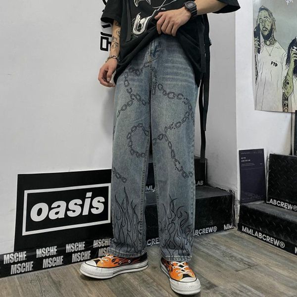 men's jeans 2021 four seasons trend dark high street chain flame print personalized denim pants loose wide leg, Blue
men's jeans 2021 four seasons trend dark high street chain flame print personalized denim pants loose wide leg, Blue