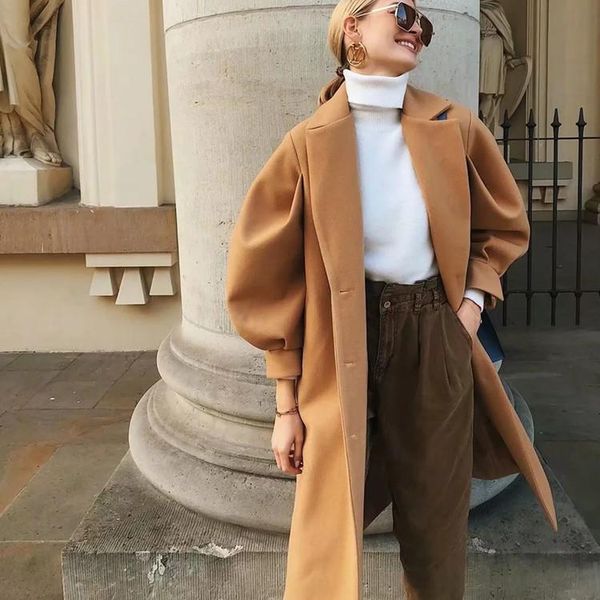 women's wool & blends 2021 autumn and winter retro camel color puff sleeve belt waist mid-length woolen coat women, Black
women's wool & blends 2021 autumn and winter retro camel color puff sleeve belt waist mid-length woolen coat women, Black