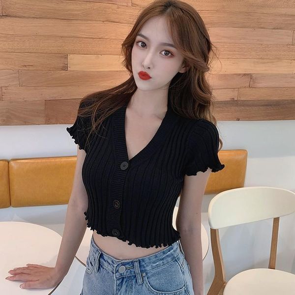 women's t-shirt summer ruffles knitted crop 2021 fashion slim v-neck button short sleeved solid color cardigan for women, White
women's t-shirt summer ruffles knitted crop 2021 fashion slim v-neck button short sleeved solid color cardigan for women, White
