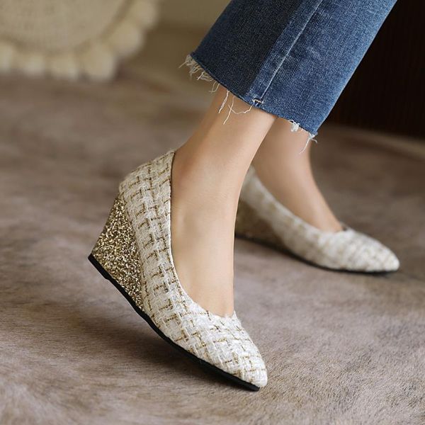 striped tweed cloth pointed-toe woven wedge pumps greet wood grain platform inner heightening large size blue shoes dress, Black
striped tweed cloth pointed-toe woven wedge pumps greet wood grain platform inner heightening large size blue shoes dress, Black