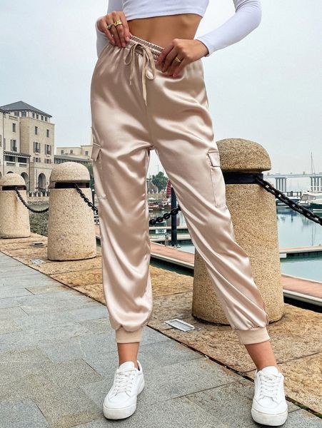 flap pocket side drawstring waist satin joggers 7753#, Black;white 
flap pocket side drawstring waist satin joggers 7753#, Black;white