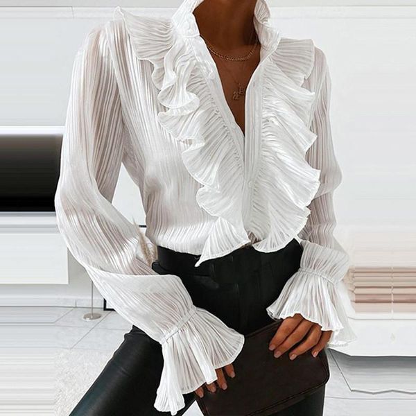 women's blouses & shirts women elegant solid ruffle blouse shirt 2021 autumn flare long sleeve v-neck pullover office lady casual butt, White
women's blouses & shirts women elegant solid ruffle blouse shirt 2021 autumn flare long sleeve v-neck pullover office lady casual butt, White